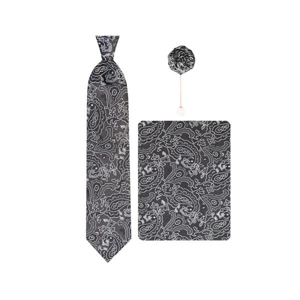 ست کراوات دستمال جیب گل کت مدل GF-PA217-BK&W
