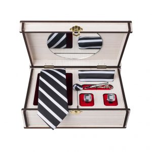 ست کامل کادویی کراوات دستمال جیب گل کت دکمه سردست و گیره مدل GF-ST287-BK