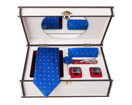 ست کامل کادویی کراوات دستمال جیب گل کت دکمه سردست و گیره مدل GF-PA299-DB
