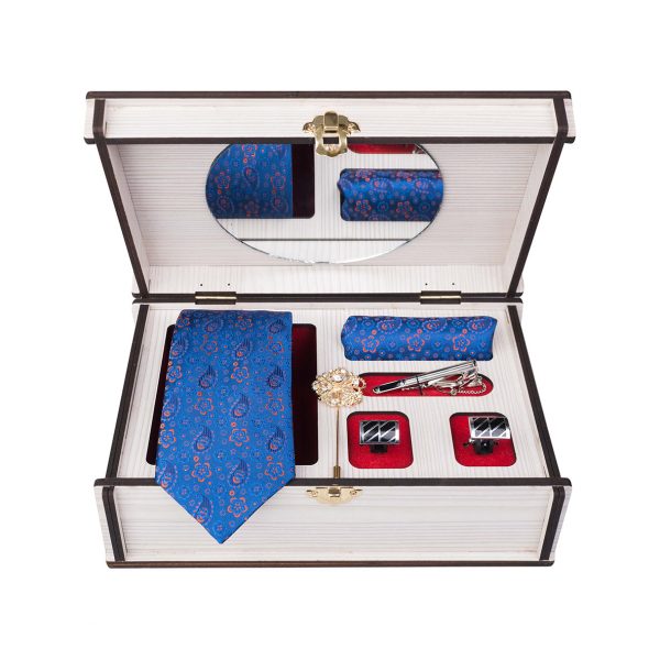 ست کامل کادویی کراوات دستمال جیب گل کت دکمه سردست و گیره مدل GF-PA303-BL