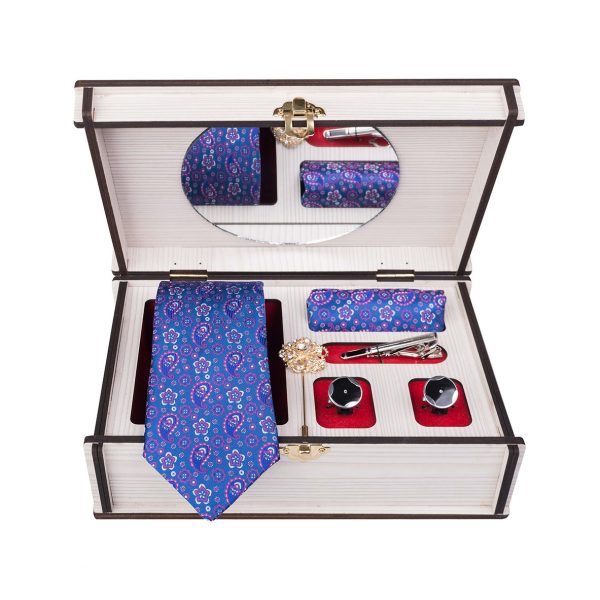 ست کامل کادویی کراوات دستمال جیب گل کت دکمه سردست و گیره مدل GF-PA311-BL