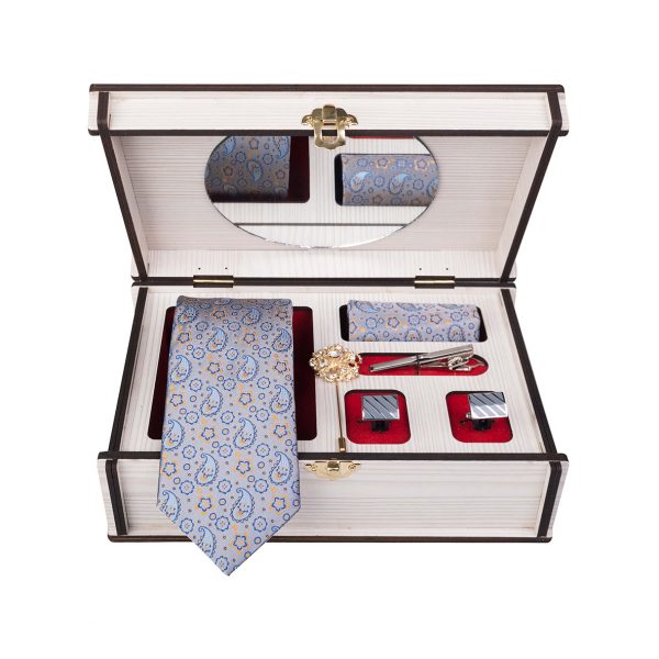 ست کامل کادویی کراوات دستمال جیب گل کت دکمه سردست و گیره مدل GF-PA313-CR