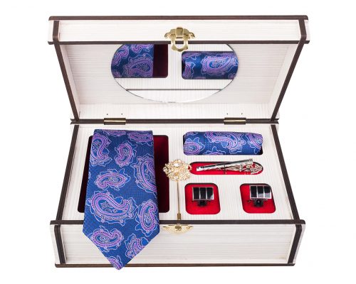 ست کامل کادویی کراوات دستمال جیب گل کت دکمه سردست و گیره مدل GF-PA314-BL