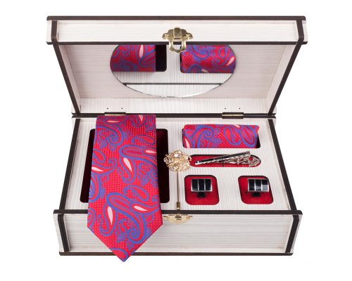 ست کامل کادویی کراوات دستمال جیب گل کت دکمه سردست و گیره مدل GF-PA315-R