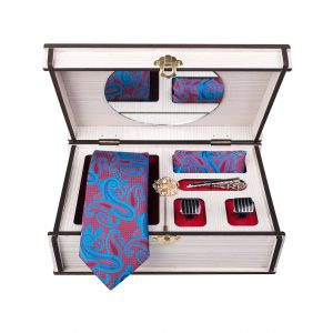 ست کامل کادویی کراوات دستمال جیب گل کت دکمه سردست و گیره مدل GF-PA316-BL