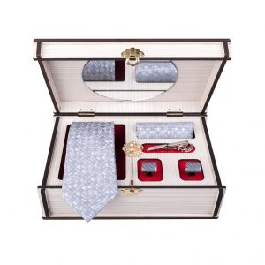 ست کامل کادویی کراوات دستمال جیب گل کت دکمه سردست و گیره مدل GF-PA319-GR