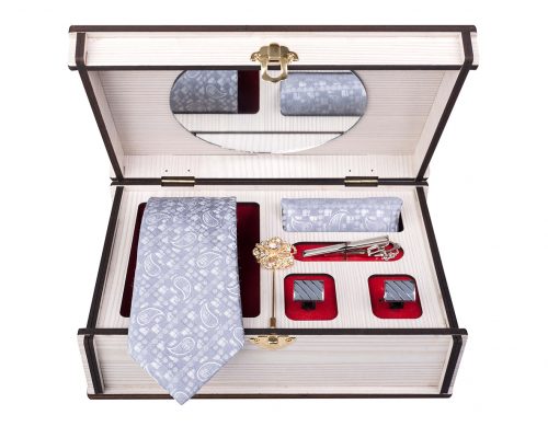 ست کامل کادویی کراوات دستمال جیب گل کت دکمه سردست و گیره مدل GF-PA319-GR