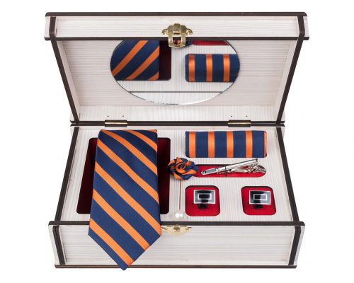 ست کامل کادویی کراوات دستمال جیب گل کت دکمه سردست و گیره مدل GF-ST289-O&DB