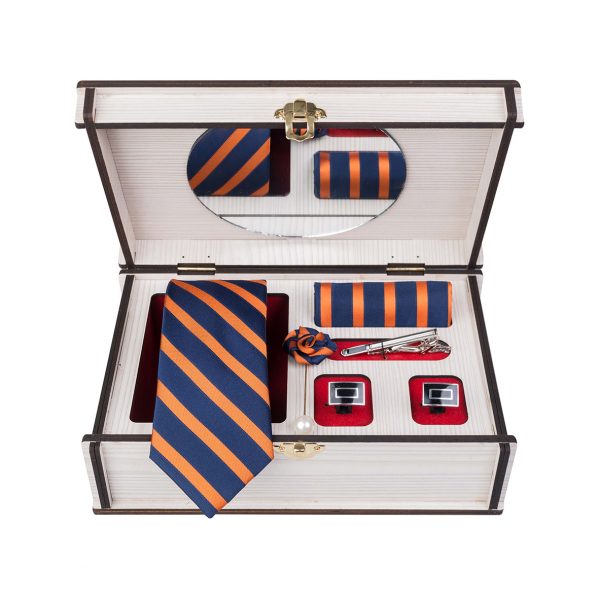 ست کامل کادویی کراوات دستمال جیب گل کت دکمه سردست و گیره مدل GF-ST289-O&DB