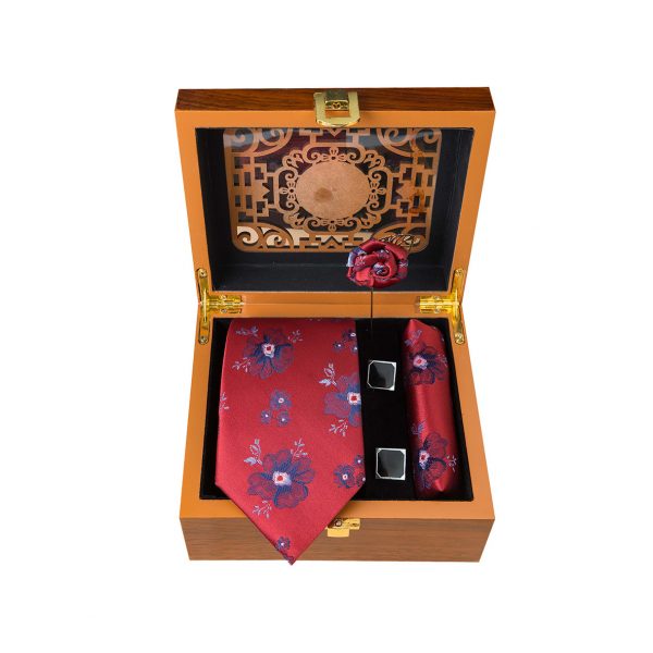 ست کامل کادویی کراوات دستمال جیب گل کت دکمه سردست مدل GF-F343-BE-BOX