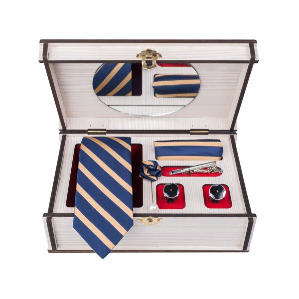 ست کامل کادویی کراوات دستمال جیب گل کت دکمه سردست و گیره مدل GF-ST290-GO