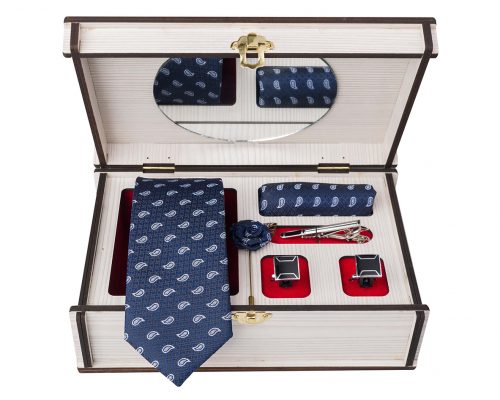 ست کامل کادویی کراوات دستمال جیب گل کت دکمه سردست و گیره مدل GF-PA286-DB