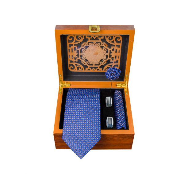 ست کامل کادویی کراوات دستمال جیب گل کت دکمه سردست مدل GF-TA332-BL