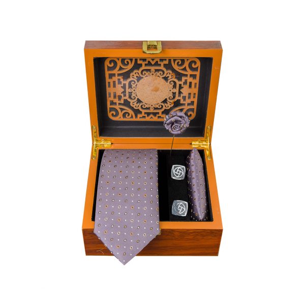 ست کامل کادویی کراوات دستمال جیب گل کت دکمه سردست مدل GF-PO341-GR