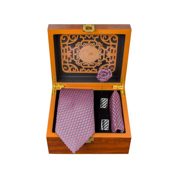 ست کامل کادویی کراوات دستمال جیب گل کت دکمه سردست مدل GF-TA342-PI